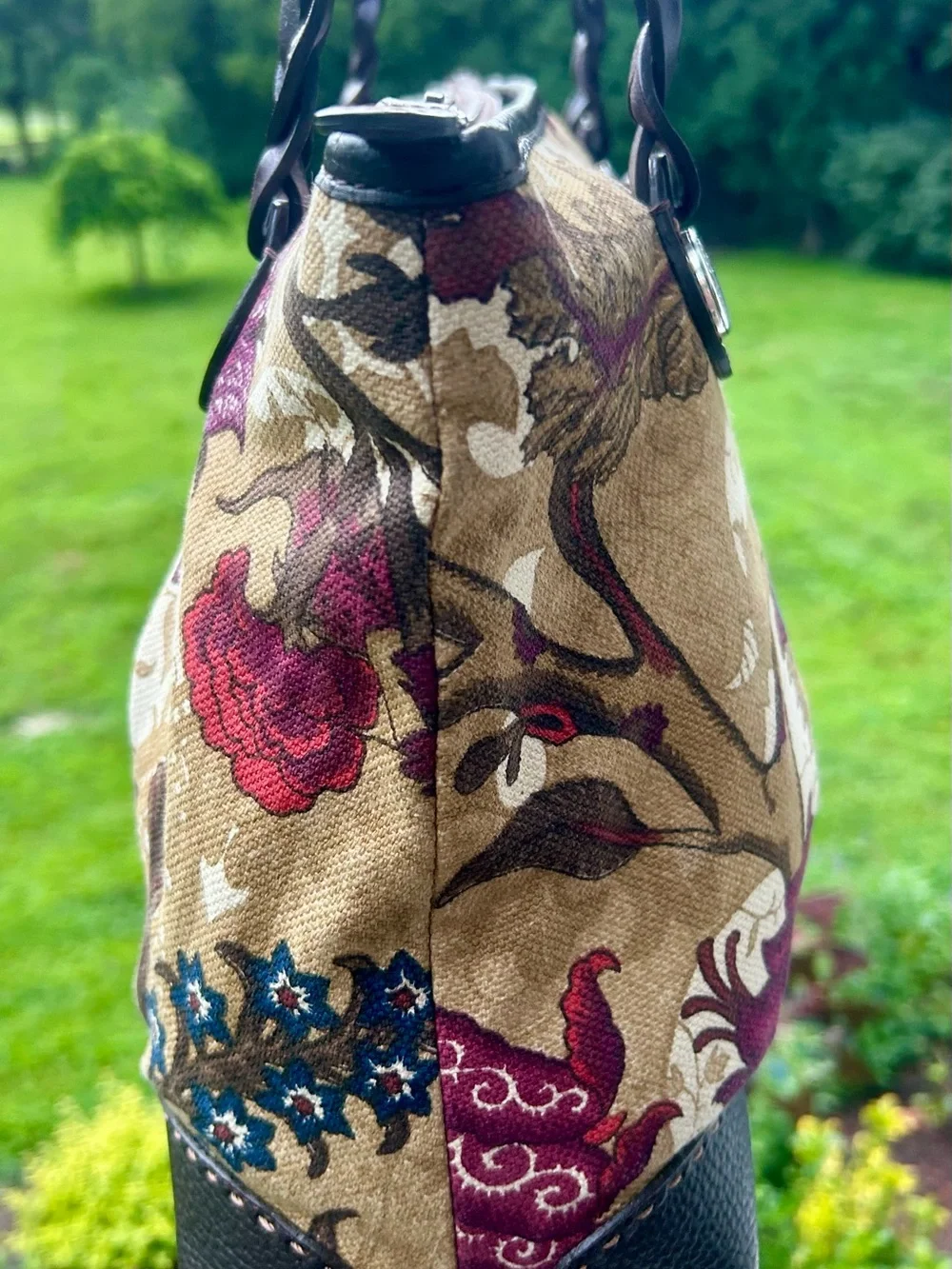 Brighton Floral Tapestry Leather Shoulder Bag Tote Silver Heart Charm
